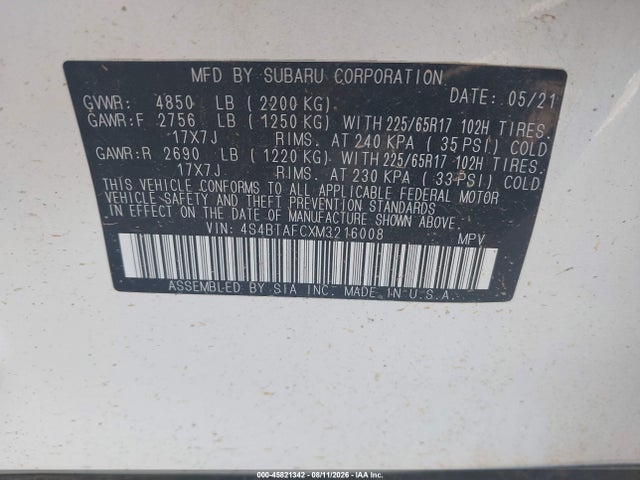 45821342 :رقم المزاد ، 4S4BTAFCXM3216008 vin ، 2021 Subaru Outback Premium مزاد بيع