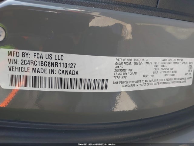 2022 Chrysler Pacifica Touring L მანქანა იყიდება აუქციონზე, vin: 2C4RC1BG8NR110127, აუქციონის ნომერი: 45821369