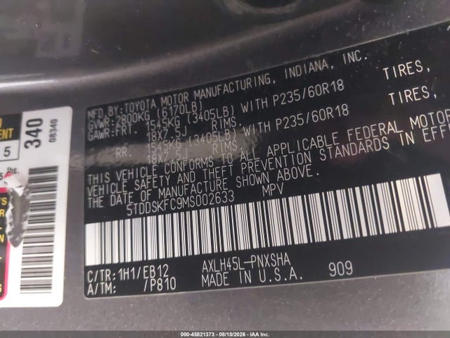 Aukcja sprzedaży 2021 Toyota Sienna Xse, vin: 5TDDSKFC9MS002633, numer aukcji: 45821373