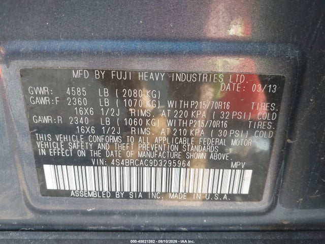 Aukcja sprzedaży 2013 Subaru Outback 2.5i, vin: 4S4BRCAC9D3295964, numer aukcji: 45821382