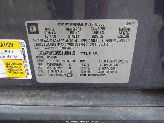 45821383 :رقم المزاد ، 1GKKRNED5EJ188415 vin ، 2014 Gmc Acadia Sle-1 مزاد بيع