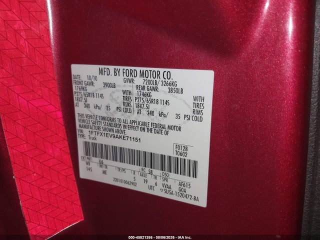 45821386 :رقم المزاد ، 1FTFX1EV9AKE71151 vin ، 2010 Ford F-150 Fx4/lariat/xl/xlt مزاد بيع
