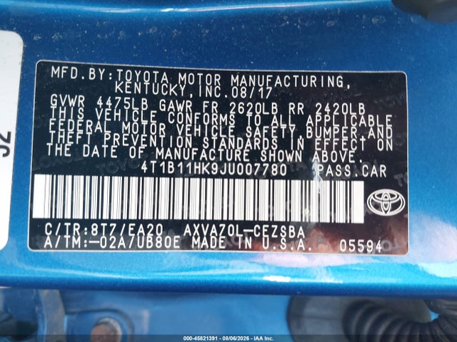 4T1B11HK9JU007780 Toyota CAMRY SE