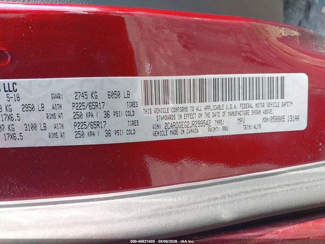 Aukcja sprzedaży 2018 Dodge Grand Caravan Gt, vin: 2C4RDGEG2JR299542, numer aukcji: 45821408