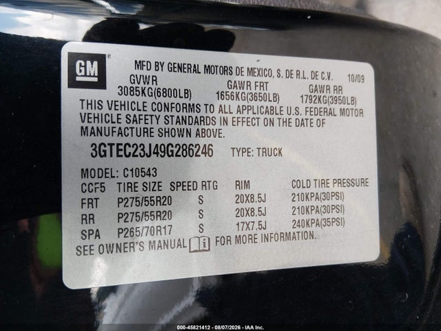 Aukcja sprzedaży 2009 Gmc Sierra 1500 Sle, vin: 3GTEC23J49G286246, numer aukcji: 45821412