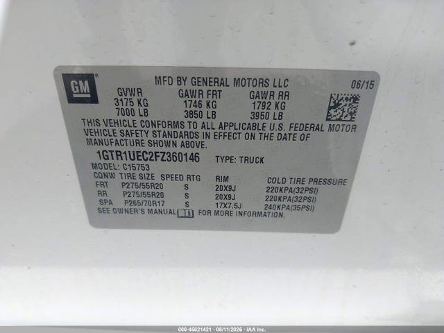 2015 Gmc Sierra 1500 Sle მანქანა იყიდება აუქციონზე, vin: 1GTR1UEC2FZ360146, აუქციონის ნომერი: 45821421