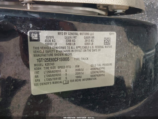 45821430 :رقم المزاد ، 1GT125E80CF150895 vin ، 2012 Gmc Sierra 2500hd Denali مزاد بيع