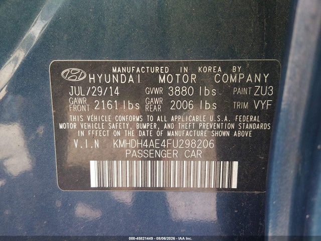 Aukcja sprzedaży 2015 Hyundai Elantra Se, vin: KMHDH4AE4FU298206, numer aukcji: 45821449