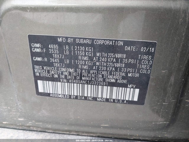 2018 Subaru Outback 2.5i Limited მანქანა იყიდება აუქციონზე, vin: 4S4BSANC1J3323691, აუქციონის ნომერი: 45821458