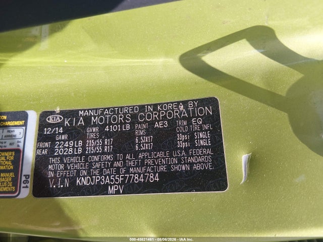 45821461 :رقم المزاد ، KNDJP3A55F7784784 vin ، 2015 Kia Soul + مزاد بيع