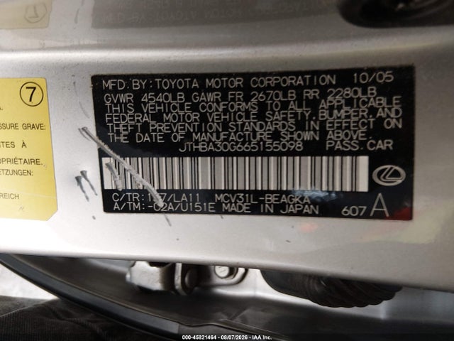 45821464 :رقم المزاد ، JTHBA30G665155098 vin ، 2006 Lexus Es 330 مزاد بيع