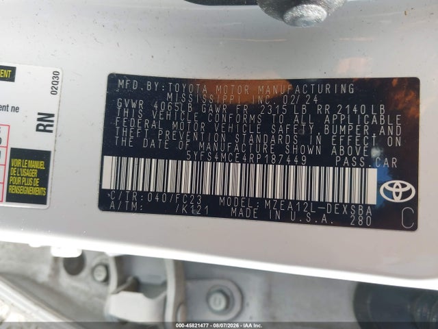 Aukcja sprzedaży 2024 Toyota Corolla Se, vin: 5YFS4MCE4RP187449, numer aukcji: 45821477
