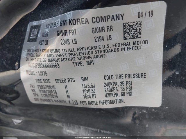 45821480 :رقم المزاد ، KL7CJPSB2KB899563 vin ، 2019 Chevrolet Trax Lt مزاد بيع