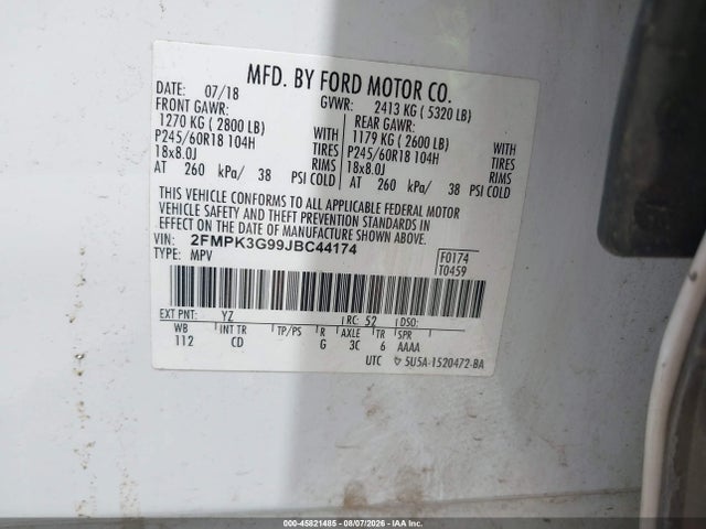 2018 Ford Edge Se მანქანა იყიდება აუქციონზე, vin: 2FMPK3G99JBC44174, აუქციონის ნომერი: 45821485