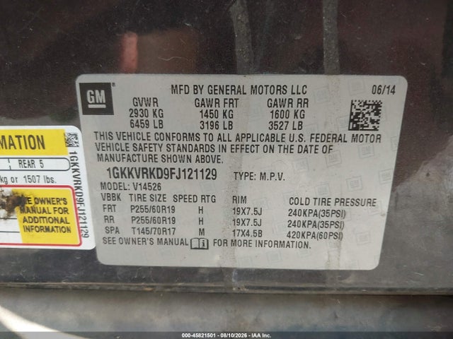 Продаж на аукціоні авто 2015 Gmc Acadia Slt, vin: 1GKKVRKD9FJ121129, номер лоту: 45821501