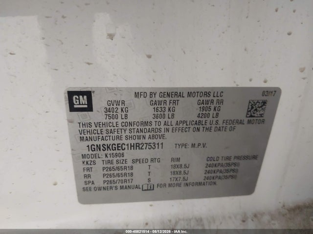 2017 Chevrolet Suburban K1500 Ls მანქანა იყიდება აუქციონზე, vin: 1GNSKGEC1HR275311, აუქციონის ნომერი: 45821514