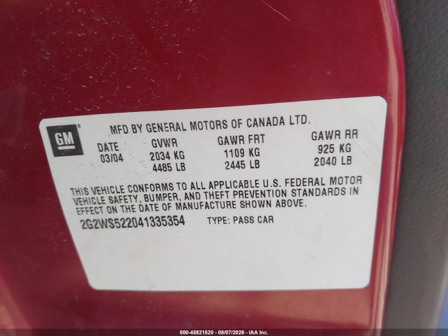 Продаж на аукціоні авто 2004 Pontiac Grand Prix Gt2, vin: 2G2WS522041335354, номер лоту: 45821520