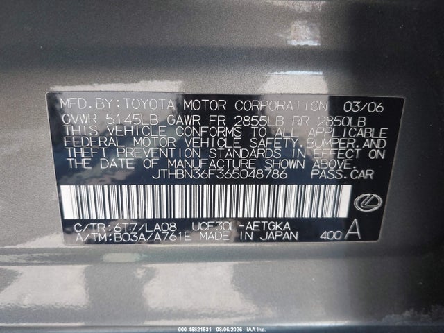 Продажа на аукционе авто 2006 Lexus Ls 430, vin: JTHBN36F365048786, номер лота: 45821531