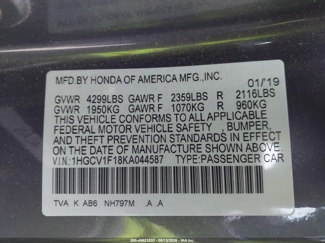 Honda ACCORD LX 2019 1HGCV1F18KA044587 Image 9