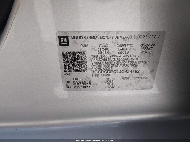 45821540 :رقم المزاد ، 3GCPCREC1JG424782 vin ، 2018 Chevrolet Silverado 1500 1lt مزاد بيع