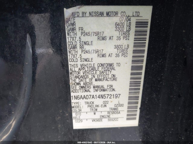 Продаж на аукціоні авто 2004 Nissan Titan Xe, vin: 1N6AA07A14N572197, номер лоту: 45821542