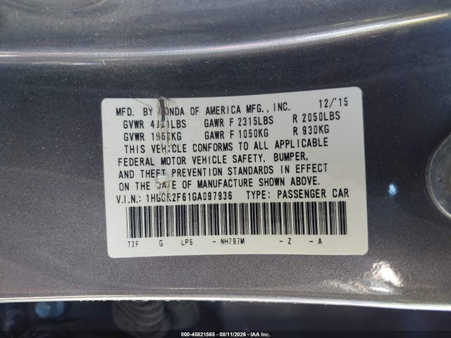 Продаж на аукціоні авто 2016 Honda Accord Sport, vin: 1HGCR2F61GA097936, номер лоту: 45821565