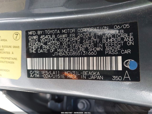Aukcja sprzedaży 2005 Lexus Es 330, vin: JTHBA30G855131660, numer aukcji: 45821567