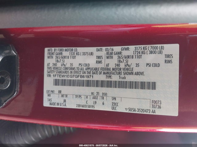 Продажа на аукционе авто 2016 Ford F-150 Xlt, vin: 1FTEW1EG7GFB61971, номер лота: 45821578