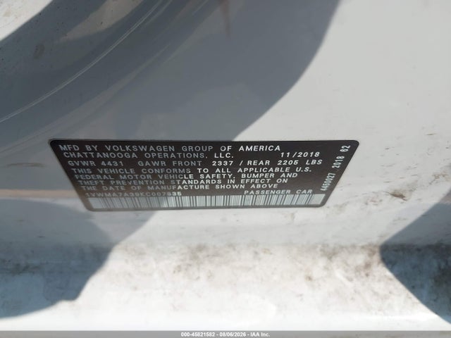 2019 Volkswagen Passat 2.0t Se R-line მანქანა იყიდება აუქციონზე, vin: 1VWMA7A39KC007835, აუქციონის ნომერი: 45821582