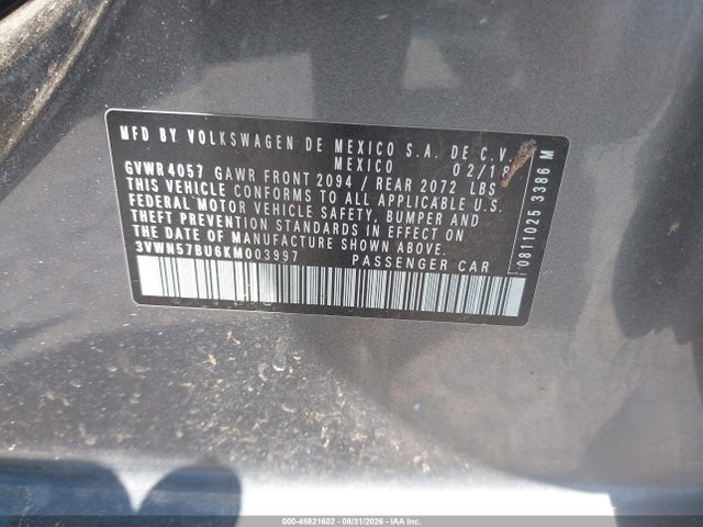 2019 Volkswagen Jetta 1.4t S მანქანა იყიდება აუქციონზე, vin: 3VWN57BU6KM003997, აუქციონის ნომერი: 45821602