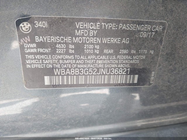 Aukcja sprzedaży 2018 Bmw 340i, vin: WBA8B3G52JNU36821, numer aukcji: 45821620