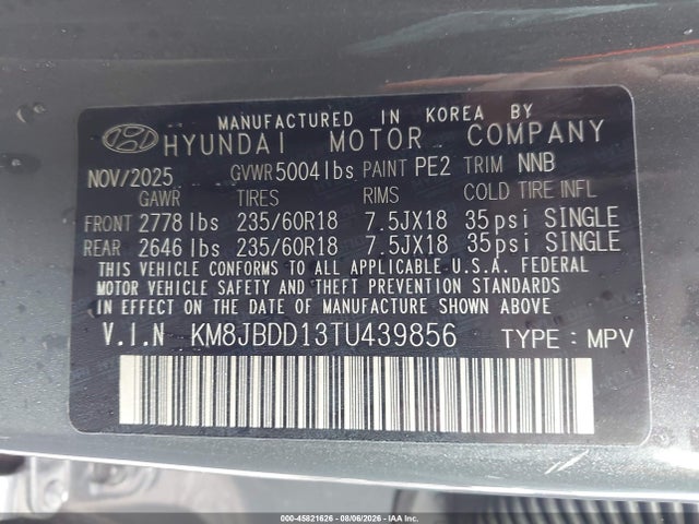 45821626 :رقم المزاد ، KM8JBDD13TU439856 vin ، 2026 Hyundai Tucson Hybrid Sel مزاد بيع