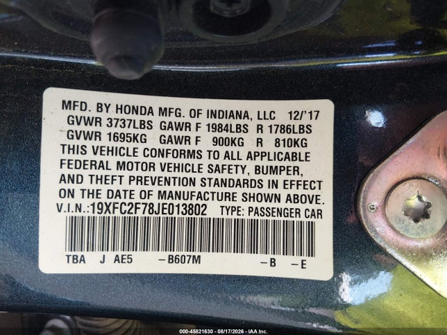 Aukcja sprzedaży 2018 Honda Civic Ex, vin: 19XFC2F78JE013802, numer aukcji: 45821630