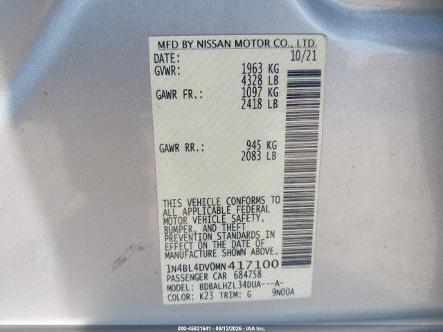 Продажа на аукционе авто 2021 Nissan Altima Sv Fwd, vin: 1N4BL4DV0MN417100, номер лота: 45821641