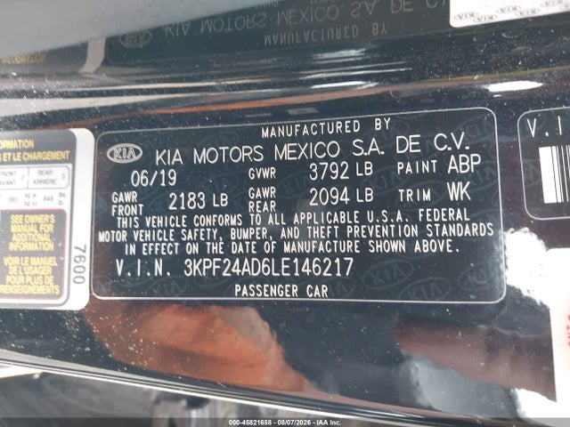 Продаж на аукціоні авто 2020 Kia Forte Fe, vin: 3KPF24AD6LE146217, номер лоту: 45821658
