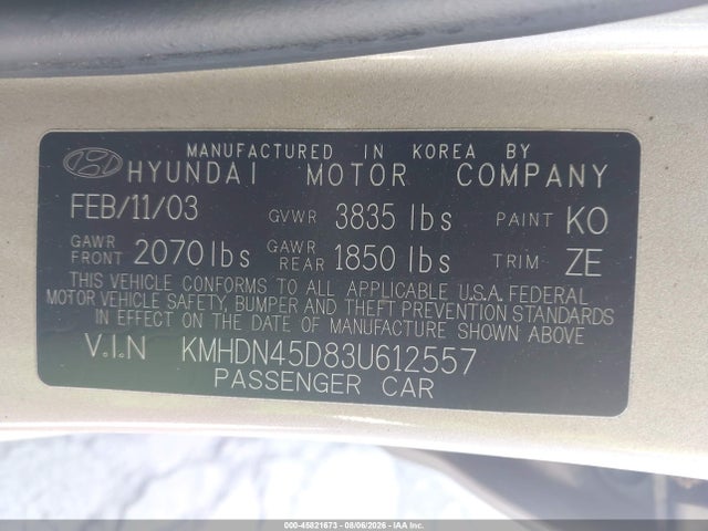 Aukcja sprzedaży 2003 Hyundai Elantra Gls/gt, vin: KMHDN45D83U612557, numer aukcji: 45821673