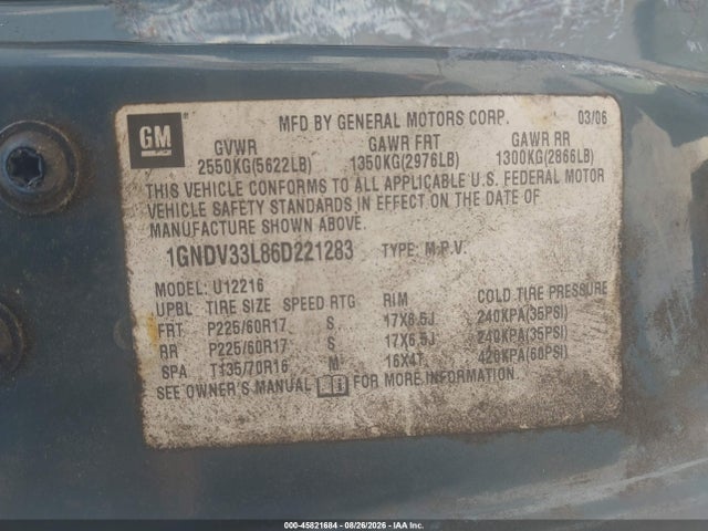 2006 Chevrolet Uplander Lt W/2lt მანქანა იყიდება აუქციონზე, vin: 1GNDV33L86D221283, აუქციონის ნომერი: 45821684