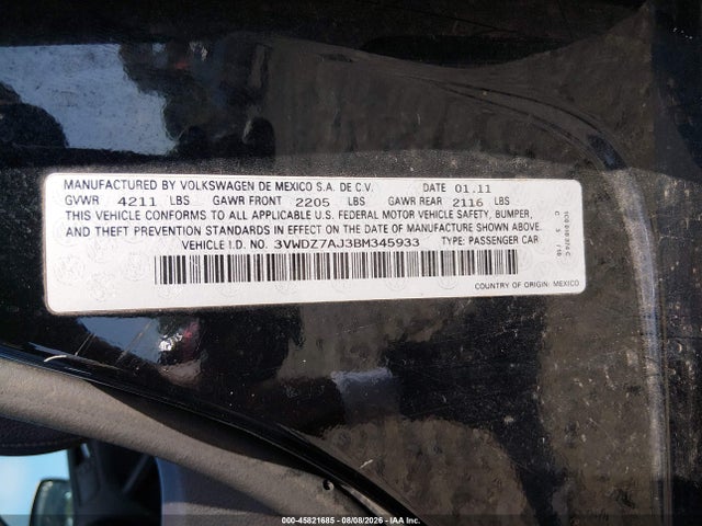 Продаж на аукціоні авто 2011 Volkswagen Jetta 2.5l Se, vin: 3VWDZ7AJ3BM345933, номер лоту: 45821685