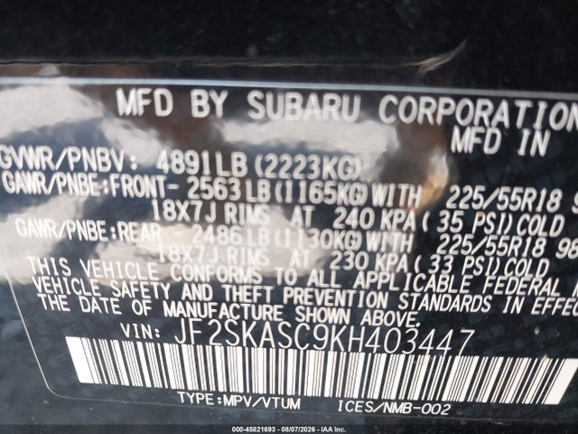Продаж на аукціоні авто 2019 Subaru Forester Limited, vin: JF2SKASC9KH403447, номер лоту: 45821693
