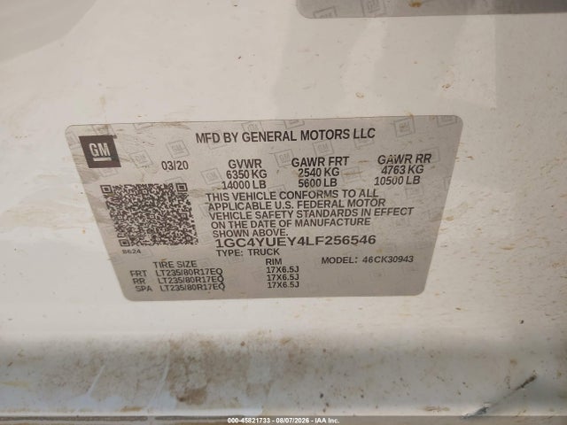 Продаж на аукціоні авто 2020 Chevrolet Silverado 3500hd 4wd  Long Bed Ltz, vin: 1GC4YUEY4LF256546, номер лоту: 45821733