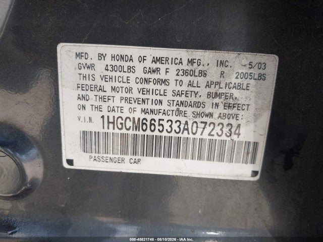 Продаж на аукціоні авто 2003 Honda Accord 3.0 Ex, vin: 1HGCM66533A072334, номер лоту: 45821748