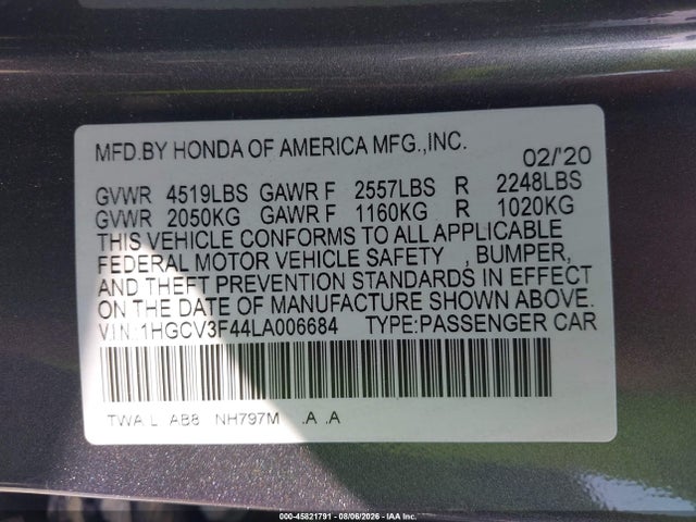 45821791 :رقم المزاد ، 1HGCV3F44LA006684 vin ، 2020 Honda Accord Hybrid Ex مزاد بيع