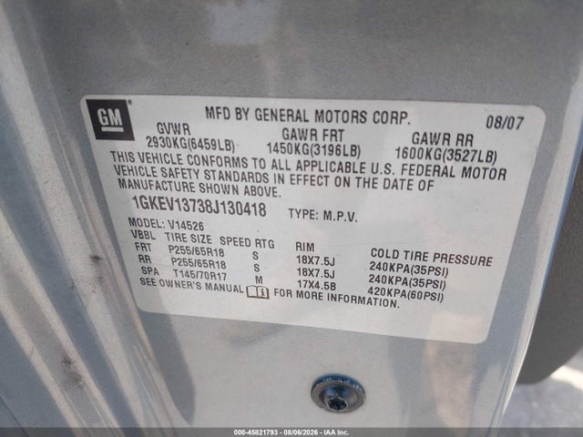 Продаж на аукціоні авто 2008 Gmc Acadia Sle-1, vin: 1GKEV13738J130418, номер лоту: 45821793