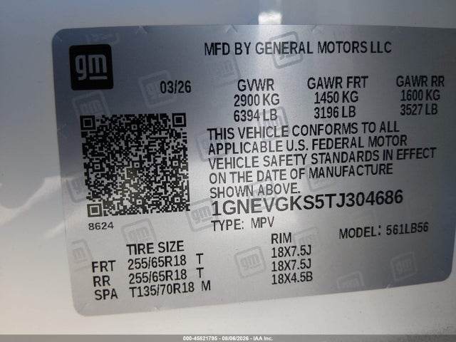 1GNEVGKS5TJ304686 Chevrolet Traverse Awd Lt