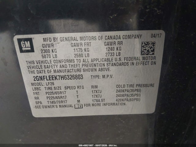 2017 Chevrolet Equinox Ls მანქანა იყიდება აუქციონზე, vin: 2GNFLEEK7H6326803, აუქციონის ნომერი: 45821807