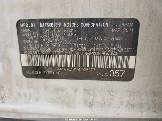 45821808 :رقم المزاد ، JA4ARUAU1MU026277 vin ، 2021 Mitsubishi Outlander Sport 2.0 Be Awc/2.0 Es Awc/2.0 Le Awc/2.0 Se Awc مزاد بيع