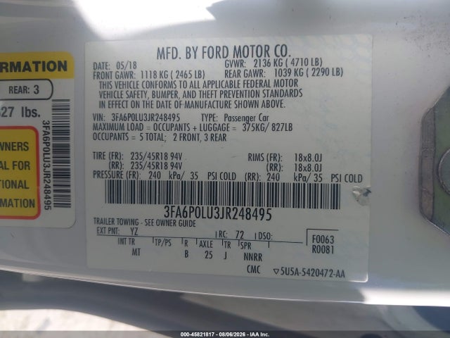 Продаж на аукціоні авто 2018 Ford Fusion Hybrid Se, vin: 3FA6P0LU3JR248495, номер лоту: 45821817