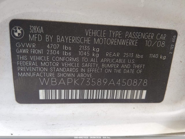 2009 Bmw 328i Xdrive მანქანა იყიდება აუქციონზე, vin: WBAPK73589A450878, აუქციონის ნომერი: 45821825