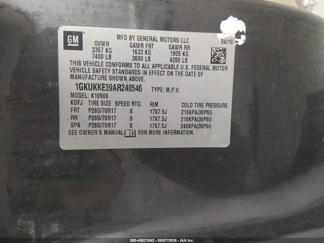 45821842 :رقم المزاد ، 1GKUKKE39AR240546 vin ، 2010 Gmc Yukon Xl 1500 Slt مزاد بيع