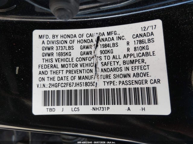 Honda Civic Lx 2018 2HGFC2F67JH518050 Image 9